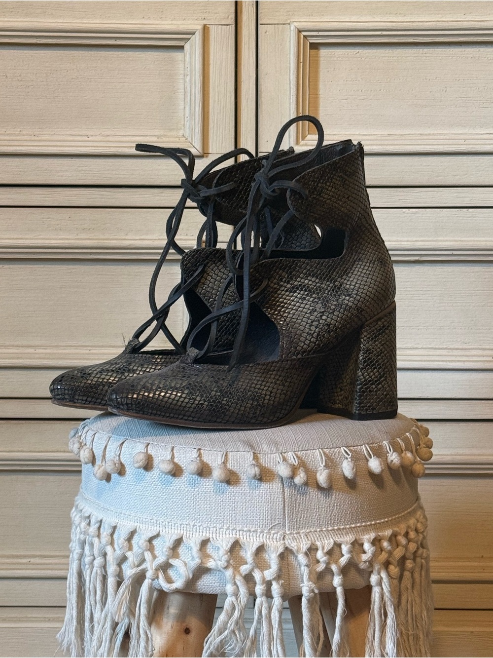 Freebird by Steven Black Lace-Up Snakeskin Block Heel Ankle Boots